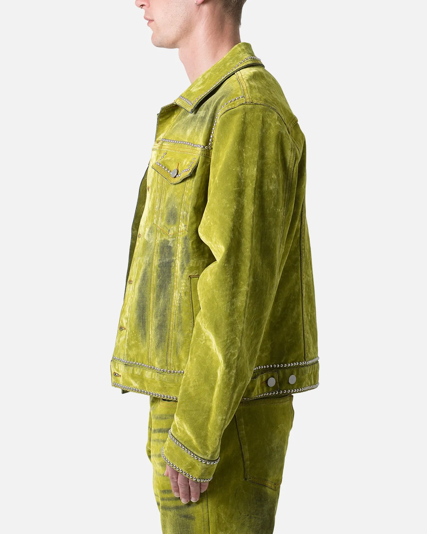 MNML Studded Suede Denim Jacket Green