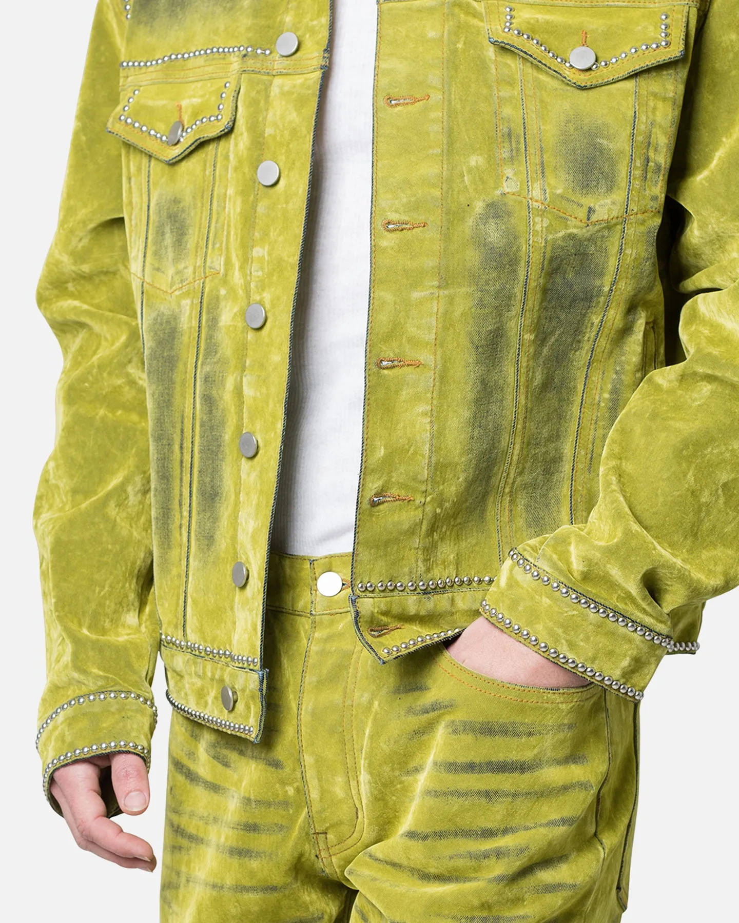 MNML Studded Suede Denim Jacket Green