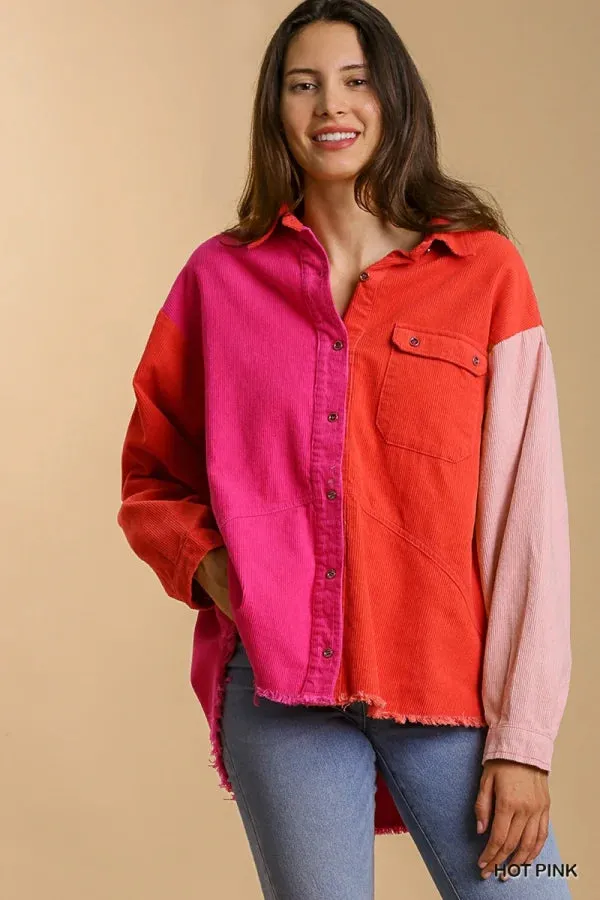 Umgee Corduroy Colorblock Button Down Jacket