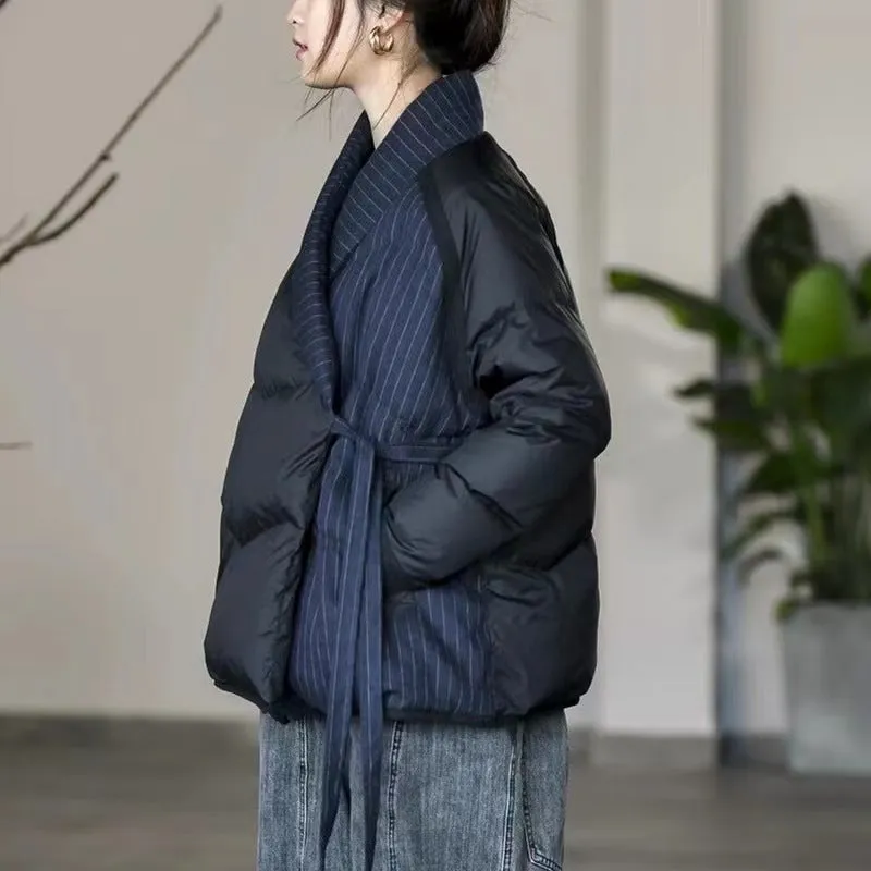 Zen Style V Neck Women's Down Coat with Lacing
