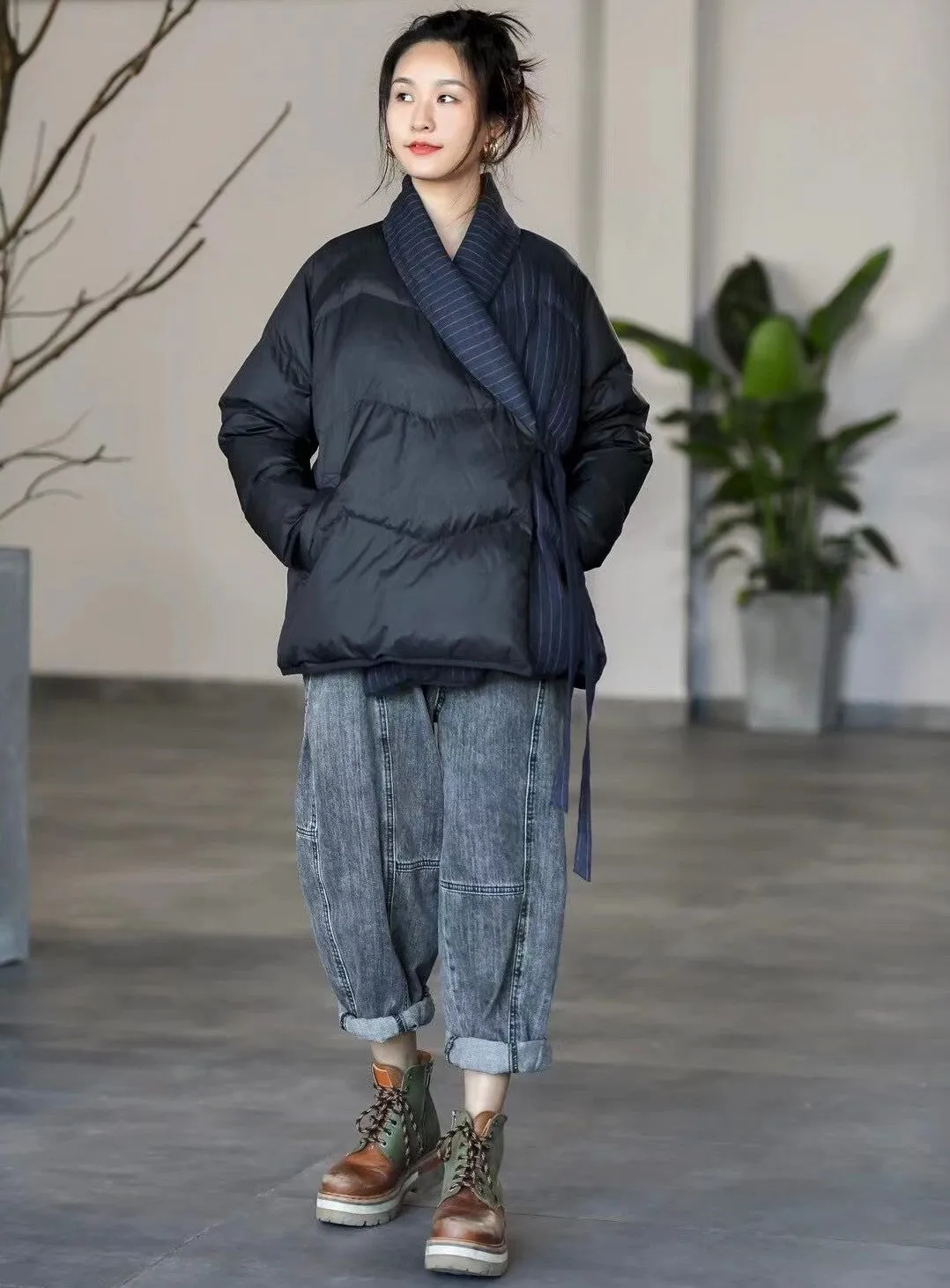Zen Style V Neck Women's Down Coat with Lacing